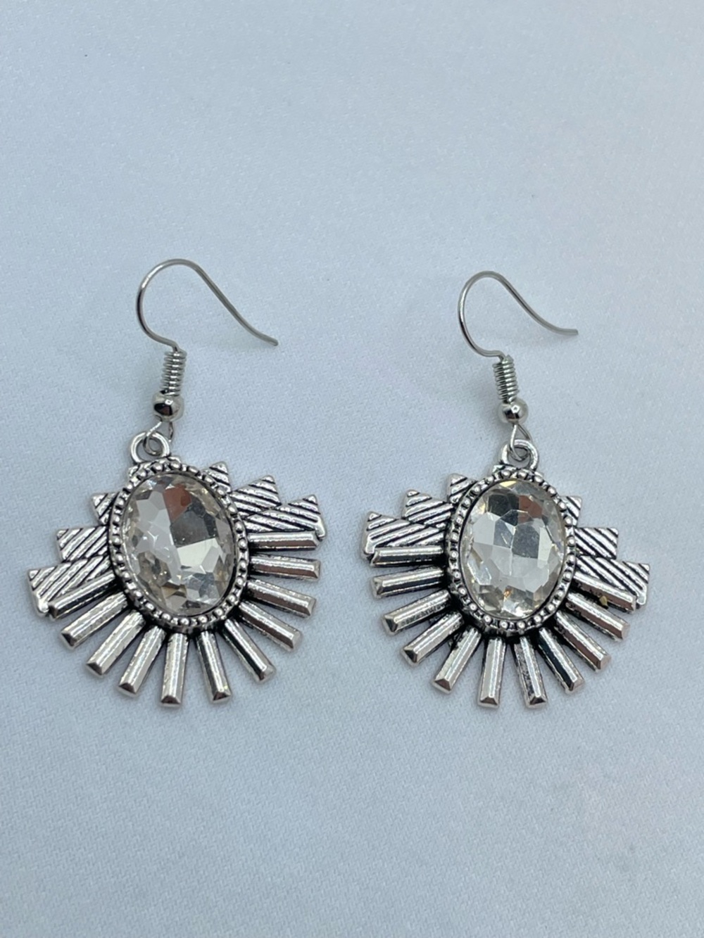 Silver Tone Sunburst Drop Earrings Clear Crystal Statement Dangle Boho